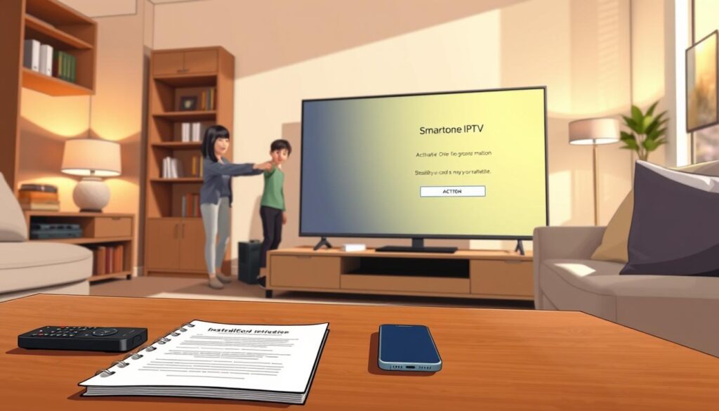 A cozy living room featuring a modern smart TV displaying the Smartone IPTV activation screen. In the foreground, a sleek coffee table with a remote control and a smartphone lying next to a notepad with installation notes. The middle ground showcases a comfortable sofa with a family interacting, one member pointing at the TV, dressed in casual, modest clothing. The background includes a stylish bookshelf and soft, ambient lighting from a nearby lamp, creating a warm and inviting atmosphere. The scene is captured from a slightly angled perspective, emphasizing engagement and excitement in the tech installation process, with natural light filtering through a window. A cozy living room featuring a modern smart TV displaying the Smartone IPTV activation screen. In the foreground, a sleek coffee table with a remote control and a smartphone lying next to a notepad with installation notes. The middle ground showcases a comfortable sofa with a family interacting, one member pointing at the TV, dressed in casual, modest clothing. The background includes a stylish bookshelf and soft, ambient lighting from a nearby lamp, creating a warm and inviting atmosphere. The scene is captured from a slightly angled perspective, emphasizing engagement and excitement in the tech installation process, with natural light filtering through a window.