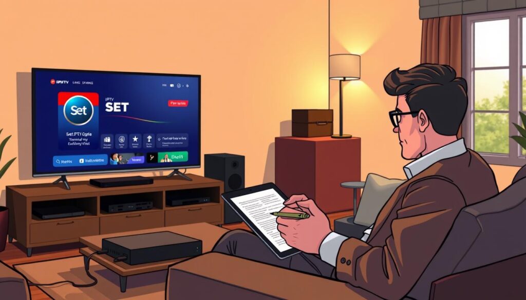 A cozy living room scene depicting a modern smart TV prominently displaying the Set IPTV interface. In the foreground, a focused individual, dressed in smart casual attire, is seated on a comfortable sofa, thoughtfully examining a troubleshooting guide on a tablet. The middle ground includes a stylish entertainment center with neatly arranged tech gadgets, cables, and an IPTV box. The background features warm, ambient lighting illuminating the room, creating a welcoming atmosphere. Soft shadows are cast on the walls, enhancing the depth of the space. A subtle hint of a nearby window suggests daylight filtering through, adding a calm and productive mood. A cozy living room scene depicting a modern smart TV prominently displaying the Set IPTV interface. In the foreground, a focused individual, dressed in smart casual attire, is seated on a comfortable sofa, thoughtfully examining a troubleshooting guide on a tablet. The middle ground includes a stylish entertainment center with neatly arranged tech gadgets, cables, and an IPTV box. The background features warm, ambient lighting illuminating the room, creating a welcoming atmosphere. Soft shadows are cast on the walls, enhancing the depth of the space. A subtle hint of a nearby window suggests daylight filtering through, adding a calm and productive mood.