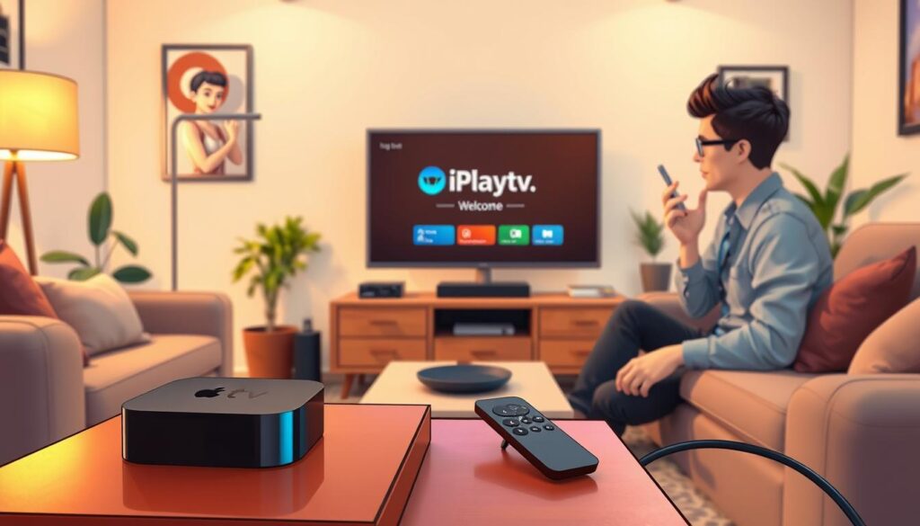 A cozy living room scene featuring an Apple TV set up for iPlayTV installation. In the foreground, a sleek Apple TV device rests on a stylish media console alongside a bright remote control. In the middle, a modern flat-screen TV displays a welcoming iPlayTV interface with vibrant colors. A young professional wearing smart casual clothes is focused on connecting cables and configuring settings, conveying an atmosphere of excitement and ease. The background shows soft, warm lighting that creates a welcoming environment, with comfortable furniture and decorative plants enhancing the cozy feel. The angle captures the essence of a tech-savvy space, emphasizing the seamless integration of technology in daily life.