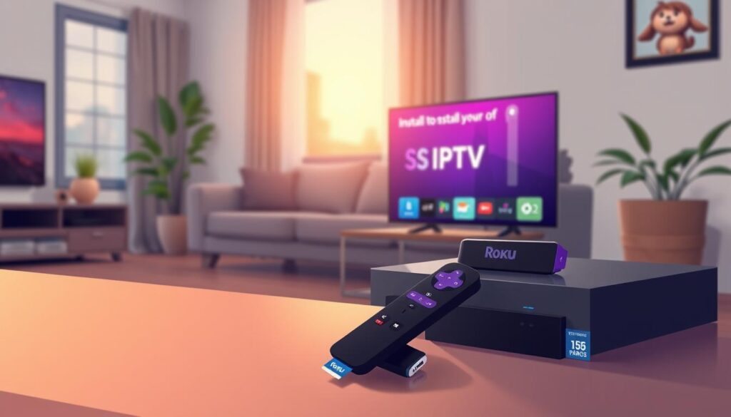 A cozy living room scene showcasing a modern Roku device prominently displayed on a sleek entertainment center. In the foreground, there's a pair of elegant installation tools, like a smartphone and a remote control, both illuminated by soft, warm lighting. The middle ground features the Roku screen with vibrant, user-friendly graphics suggesting the installation of SS IPTV. In the background, a comfortable couch and some decorative plants create a welcoming atmosphere, with a gentle glow suggesting evening light coming through a window. The overall mood is instructional yet inviting, perfect for guiding readers through a simple installation process. The image should avoid any text or branding visible within the scene. A cozy living room scene showcasing a modern Roku device prominently displayed on a sleek entertainment center. In the foreground, there's a pair of elegant installation tools, like a smartphone and a remote control, both illuminated by soft, warm lighting. The middle ground features the Roku screen with vibrant, user-friendly graphics suggesting the installation of SS IPTV. In the background, a comfortable couch and some decorative plants create a welcoming atmosphere, with a gentle glow suggesting evening light coming through a window. The overall mood is instructional yet inviting, perfect for guiding readers through a simple installation process. The image should avoid any text or branding visible within the scene.