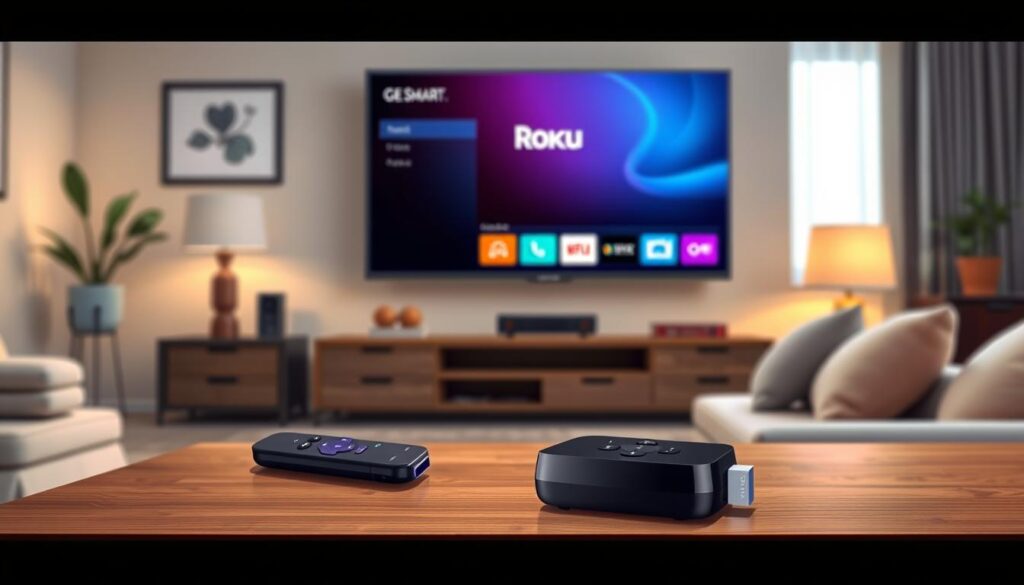 A cozy living room setting featuring a modern Roku device connected to a flat-screen TV displaying the GSE Smart IPTV interface. In the foreground, a stylish coffee table with a remote control and a smartphone showing the GSE Smart app, hinting at the installation process. The middle ground showcases a comfortable sofa with soft cushions, inviting viewers into the scene. The background subtly reveals a well-decorated wall with artwork and ambient lighting, creating a relaxed atmosphere. Soft natural light filters in through a window, enhancing the warm and welcoming mood. The photo is taken at an eye-level angle with a slight depth of field effect, focusing on the Roku device while leaving the background gently blurred for emphasis. A cozy living room setting featuring a modern Roku device connected to a flat-screen TV displaying the GSE Smart IPTV interface. In the foreground, a stylish coffee table with a remote control and a smartphone showing the GSE Smart app, hinting at the installation process. The middle ground showcases a comfortable sofa with soft cushions, inviting viewers into the scene. The background subtly reveals a well-decorated wall with artwork and ambient lighting, creating a relaxed atmosphere. Soft natural light filters in through a window, enhancing the warm and welcoming mood. The photo is taken at an eye-level angle with a slight depth of field effect, focusing on the Roku device while leaving the background gently blurred for emphasis.