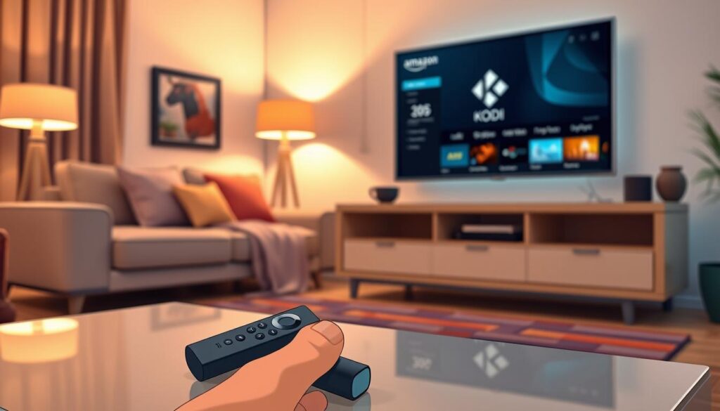 A cozy living room setting featuring a stylish TV stand with an Amazon Fire Stick plugged into a modern flat-screen TV. In the foreground, a remote control is resting casually on a sleek coffee table, while a hand is depicted reaching out to grab it. The middle ground displays a comfortable couch adorned with colorful cushions, and a subtle reflection of the TV screen shows the Kodi interface ready to be configured. The background includes soft, warm lighting emanating from stylish lamps, creating an inviting atmosphere. The overall mood is relaxed and friendly, suggesting an enjoyable experience of setting up Kodi on the Fire Stick. Use a soft-focus lens effect to enhance the inviting ambiance, with a warm color palette throughout. A cozy living room setting featuring a stylish TV stand with an Amazon Fire Stick plugged into a modern flat-screen TV. In the foreground, a remote control is resting casually on a sleek coffee table, while a hand is depicted reaching out to grab it. The middle ground displays a comfortable couch adorned with colorful cushions, and a subtle reflection of the TV screen shows the Kodi interface ready to be configured. The background includes soft, warm lighting emanating from stylish lamps, creating an inviting atmosphere. The overall mood is relaxed and friendly, suggesting an enjoyable experience of setting up Kodi on the Fire Stick. Use a soft-focus lens effect to enhance the inviting ambiance, with a warm color palette throughout.