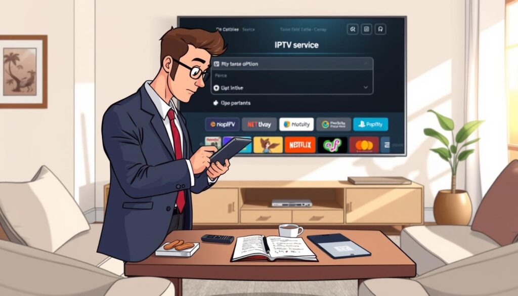A cozy living room setting with a sleek smart TV displaying an IPTV service selection screen. In the foreground, a professional man in business attire, thoughtfully reviewing options on a tablet, appears focused and engaged. The middle layer features a stylish, modern coffee table with a remote, snacks, and a notepad filled with notes about IPTV providers. In the background, soft natural light streams through a window, creating a warm and inviting atmosphere. The walls are adorned with subtle art, enhancing the sense of a carefully designed space. A slight depth of field effect blurs the background just enough to keep the viewer's attention on the IPTV selection process, conveying a mood of determination and preparedness for setting up home entertainment options.