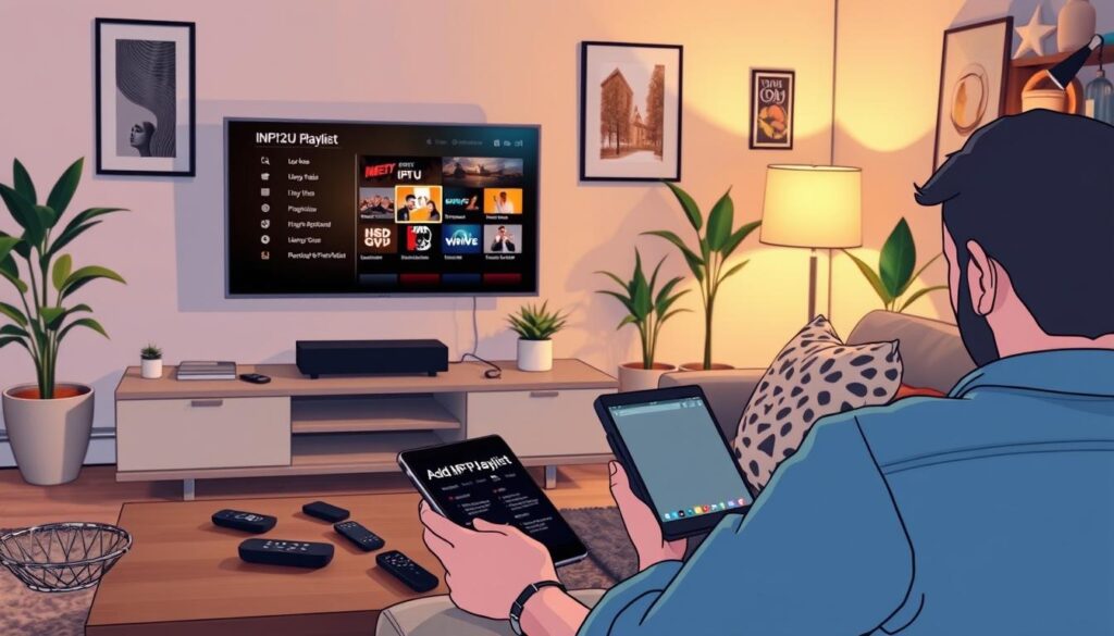 A cozy living room setting with a sleek smart TV prominently displayed on a stylish media unit. In the foreground, a person in casual attire is focused on a tablet, showcasing the process of adding an M3U playlist. The middle-ground features a comfortable sofa adorned with decorative pillows, while a softly lit floor lamp casts a warm glow over the scene. Various streaming device remotes are scattered on a coffee table, hinting at a cozy entertainment environment. In the background, walls decorated with modern art and houseplants create a relaxed atmosphere. The lighting is warm and inviting, suggesting a late afternoon vibe, with soft focus on the TV screen displaying a menu interface related to IPTV. A cozy living room setting with a sleek smart TV prominently displayed on a stylish media unit. In the foreground, a person in casual attire is focused on a tablet, showcasing the process of adding an M3U playlist. The middle-ground features a comfortable sofa adorned with decorative pillows, while a softly lit floor lamp casts a warm glow over the scene. Various streaming device remotes are scattered on a coffee table, hinting at a cozy entertainment environment. In the background, walls decorated with modern art and houseplants create a relaxed atmosphere. The lighting is warm and inviting, suggesting a late afternoon vibe, with soft focus on the TV screen displaying a menu interface related to IPTV.