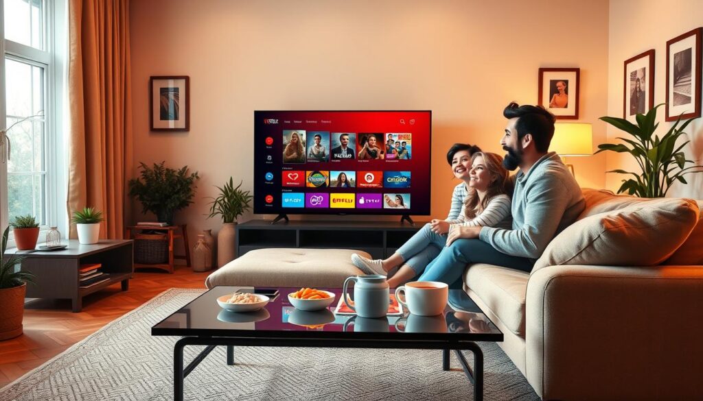 A cozy living room setup featuring a modern smart TV displaying a colorful interface of streaming services. In the foreground, a sleek coffee table with snacks and drinks is arranged. In the middle, a comfortable sofa is adorned with pillows, and a family is enjoying the experience: a man and a woman dressed in casual, cozy clothing, watching the screen with expressions of joy and excitement. The ambiance is warm, illuminated by soft lighting from a nearby lamp and natural light streaming through a window. In the background, subtle decor elements like framed pictures and plants enhance the inviting atmosphere, reinforcing the theme of optimal streaming experience. The composition captures a vibrant, engaging moment in high detail, with focus on the interactions of the family. A cozy living room setup featuring a modern smart TV displaying a colorful interface of streaming services. In the foreground, a sleek coffee table with snacks and drinks is arranged. In the middle, a comfortable sofa is adorned with pillows, and a family is enjoying the experience: a man and a woman dressed in casual, cozy clothing, watching the screen with expressions of joy and excitement. The ambiance is warm, illuminated by soft lighting from a nearby lamp and natural light streaming through a window. In the background, subtle decor elements like framed pictures and plants enhance the inviting atmosphere, reinforcing the theme of optimal streaming experience. The composition captures a vibrant, engaging moment in high detail, with focus on the interactions of the family.