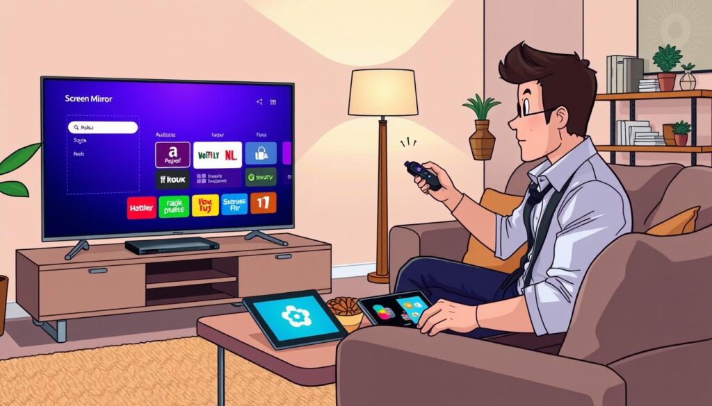 A cozy living room showcasing a Roku streaming device in action. In the foreground, a modern flat-screen TV displays the screen mirroring interface, illustrating the "Screen Mirror" option with vibrant icons depicting various apps. A user in smart casual attire is seated on a comfortable sofa, holding a Roku remote, looking engaged and relaxed. In the middle ground, the coffee table is adorned with snacks and a tablet showing a streaming app. The background features soft, ambient lighting from a lamp and a decorative shelf with books and plants, creating a warm and inviting atmosphere. The image captures a sense of ease and technology, perfect for those exploring Roku's setup options. A cozy living room showcasing a Roku streaming device in action. In the foreground, a modern flat-screen TV displays the screen mirroring interface, illustrating the "Screen Mirror" option with vibrant icons depicting various apps. A user in smart casual attire is seated on a comfortable sofa, holding a Roku remote, looking engaged and relaxed. In the middle ground, the coffee table is adorned with snacks and a tablet showing a streaming app. The background features soft, ambient lighting from a lamp and a decorative shelf with books and plants, creating a warm and inviting atmosphere. The image captures a sense of ease and technology, perfect for those exploring Roku's setup options.