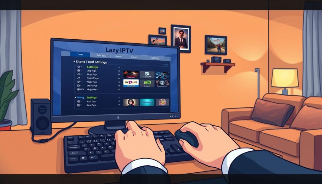 A cozy, well-lit living room setting featuring a modern computer desk with a sleek monitor displaying the Lazy IPTV interface. In the foreground, there is a pair of hands adjusting settings with a keyboard and mouse, illustrating the configuration process; the hands are dressed in professional business attire. In the middle, a warm-toned wall with decorative items like framed pictures of TV shows and a small shelf with tech gadgets adds to the ambiance. The background reveals a comfortable couch and soft lighting from a floor lamp, creating a relaxed atmosphere. The overall mood conveys a sense of ease and engagement with technology, reflecting the article's focus on IPTV settings and features. A cozy, well-lit living room setting featuring a modern computer desk with a sleek monitor displaying the Lazy IPTV interface. In the foreground, there is a pair of hands adjusting settings with a keyboard and mouse, illustrating the configuration process; the hands are dressed in professional business attire. In the middle, a warm-toned wall with decorative items like framed pictures of TV shows and a small shelf with tech gadgets adds to the ambiance. The background reveals a comfortable couch and soft lighting from a floor lamp, creating a relaxed atmosphere. The overall mood conveys a sense of ease and engagement with technology, reflecting the article's focus on IPTV settings and features.