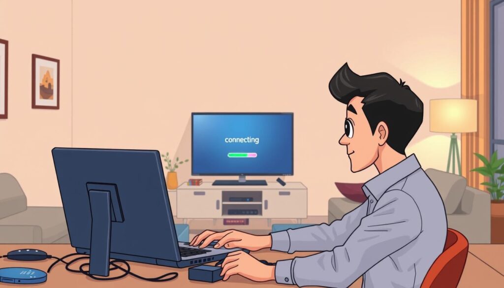 A detailed and visually appealing illustration of a troubleshooting scene for network connectivity issues. In the foreground, a focused technician in smart casual attire is seated at a table with a laptop and various diagnostic tools, examining connection settings on the screen. In the middle ground, a smart TV displays a loading screen, symbolizing connection problems, while a signal strength meter is visible beside it. In the background, a softly-lit living room with a comfortable sofa and decorative elements adds a warm atmosphere. Ambient lighting from a nearby floor lamp casts a gentle glow, enhancing the sense of a professional yet homey environment. The overall mood conveys a blend of concentration and problem-solving urgency. A detailed and visually appealing illustration of a troubleshooting scene for network connectivity issues. In the foreground, a focused technician in smart casual attire is seated at a table with a laptop and various diagnostic tools, examining connection settings on the screen. In the middle ground, a smart TV displays a loading screen, symbolizing connection problems, while a signal strength meter is visible beside it. In the background, a softly-lit living room with a comfortable sofa and decorative elements adds a warm atmosphere. Ambient lighting from a nearby floor lamp casts a gentle glow, enhancing the sense of a professional yet homey environment. The overall mood conveys a blend of concentration and problem-solving urgency.