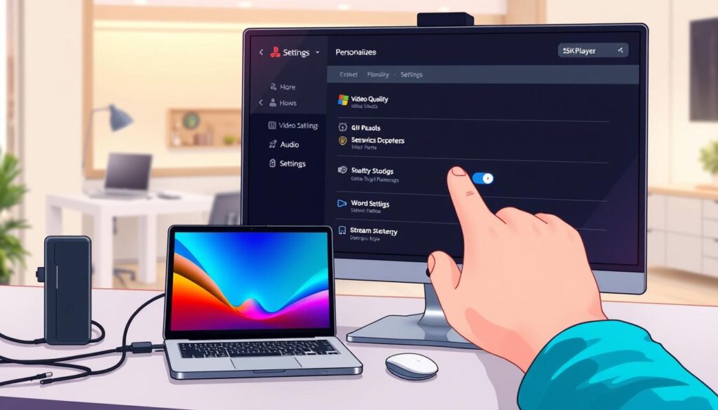 A detailed digital illustration showcasing the settings and customization options for 5KPlayer, featuring a modern, user-friendly interface displayed on a sleek computer monitor. In the foreground, there is a hand navigating through various settings icons, with vibrant colors that indicate personalization options like video quality, audio settings, and streaming preferences. The middle ground includes a neatly organized workspace with a stylish laptop, power cables, and a digital tablet displaying the 5KPlayer interface. In the background, soft ambient lighting creates a tech-friendly atmosphere, with a blurred view of a minimalist office. The overall mood conveys professionalism and accessibility, designed to invite users to explore the features and enhance their 5KPlayer experience.