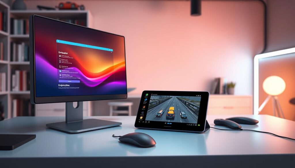 A detailed, high-tech workspace featuring a computer monitor displaying a side-by-side comparison of two Android emulators on a clean desktop. In the foreground, a sleek laptop with a vibrant screen shows a running emulator interface. In the middle, a digital tablet sits next to a mouse, showcasing a mobile game being tested on an emulator. The background features soft ambient lighting with bright LED strips, giving a futuristic atmosphere. The setting is modern and minimalist, with a blurred bookshelf filled with tech books and gadgets. The overall mood is professional and innovative, reflecting efficient multitasking in software development. The image is well-composed with a focus on clarity and detail, highlighting the comparison aspects of Android emulators. A detailed, high-tech workspace featuring a computer monitor displaying a side-by-side comparison of two Android emulators on a clean desktop. In the foreground, a sleek laptop with a vibrant screen shows a running emulator interface. In the middle, a digital tablet sits next to a mouse, showcasing a mobile game being tested on an emulator. The background features soft ambient lighting with bright LED strips, giving a futuristic atmosphere. The setting is modern and minimalist, with a blurred bookshelf filled with tech books and gadgets. The overall mood is professional and innovative, reflecting efficient multitasking in software development. The image is well-composed with a focus on clarity and detail, highlighting the comparison aspects of Android emulators.