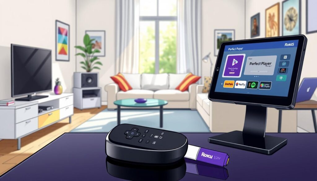 A detailed illustration of a step-by-step installation guide for Perfect Player on a Roku device. In the foreground, a sleek Roku device sits atop a stylish TV stand, next to a remote control and a tablet displaying the Perfect Player interface. The middle ground features a bright, inviting living room with a comfortable sofa and modern decor. Various devices, such as a smart television and a laptop, can be seen in the background to suggest a tech-savvy environment. Natural light streams in from a window, casting soft shadows. The atmosphere is professional yet approachable, aiming to engage readers by emphasizing clarity and simplicity in technology setup. The image should have vibrant colors to evoke a sense of warmth and comfort, suitable for a home viewing experience. A detailed illustration of a step-by-step installation guide for Perfect Player on a Roku device. In the foreground, a sleek Roku device sits atop a stylish TV stand, next to a remote control and a tablet displaying the Perfect Player interface. The middle ground features a bright, inviting living room with a comfortable sofa and modern decor. Various devices, such as a smart television and a laptop, can be seen in the background to suggest a tech-savvy environment. Natural light streams in from a window, casting soft shadows. The atmosphere is professional yet approachable, aiming to engage readers by emphasizing clarity and simplicity in technology setup. The image should have vibrant colors to evoke a sense of warmth and comfort, suitable for a home viewing experience.