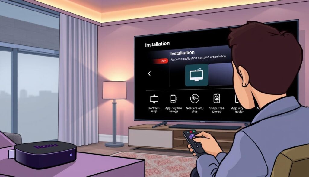 A detailed illustration of the IPTV installation process on a Roku device, showcasing key steps and technical requirements. In the foreground, a modern living room setting features a sleek Roku device connected to a flat-screen TV, with a person in professional business attire carefully navigating the installation interface on a remote control. The middle layer displays an infographic-style depiction of the steps involved, including Wi-Fi setup and app downloads, with icons representing each step. In the background, soft ambient lighting creates a warm, inviting atmosphere, emphasizing the tech-savvy nature of the scene. The overall mood is focused and instructional, capturing the essence of a guide on setting up IPTV on Roku.
