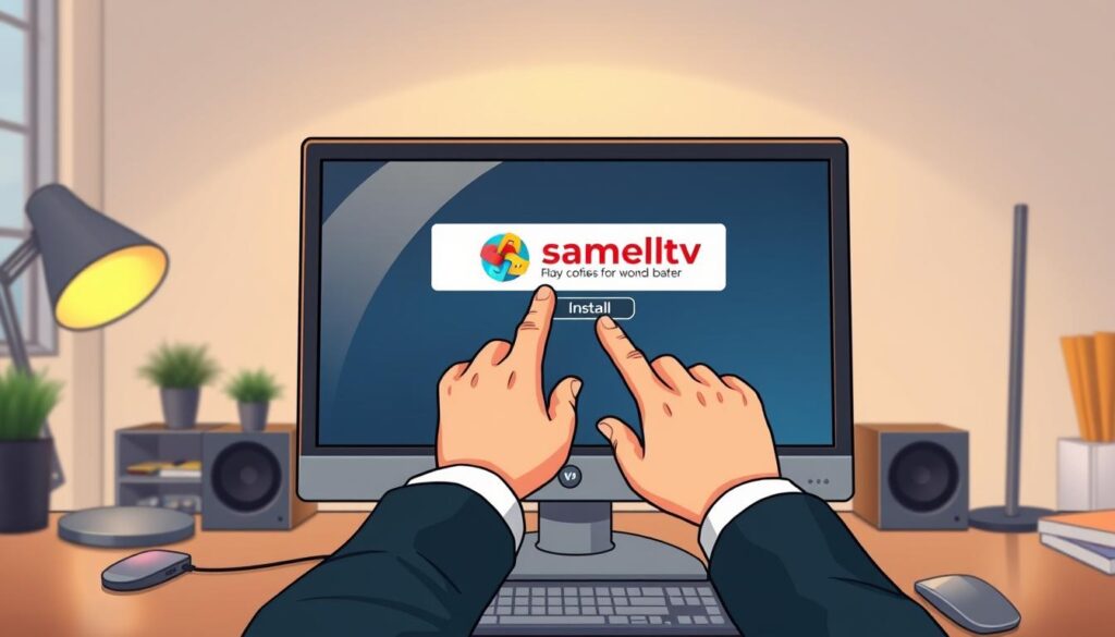 A detailed step-by-step installation guide for Shameltv on a Windows PC. Foreground: a sleek computer setup displaying the Shameltv installation interface on the screen, featuring recognizable icons and interaction buttons. Middle: a pair of hands in professional business attire, positioned to click on the installation button, demonstrating a practical approach to the task. Background: a clean, modern workspace with a desk lamp casting warm light, enhancing the atmosphere of focus and productivity. Include subtle reflections on the screen and a soft depth of field to emphasize the installation process. The overall mood is one of clarity and ease, inviting users to confidently follow along.