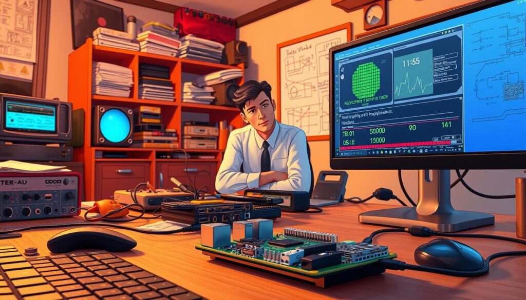 A detailed workspace scene depicting a Raspberry Pi setup focused on IPTV troubleshooting and performance optimization. In the foreground, a Raspberry Pi board is connected to various peripherals like a keyboard, mouse, and LED screen showing diagnostic information. The middle layer features a technician in professional attire intently observing the screen, with tools like a multimeter and cables scattered about. In the background, a softly lit room cluttered with tech equipment, a bookshelf filled with manuals, and a whiteboard filled with diagrams and notes. The lighting is warm and inviting, creating a focused yet relaxed atmosphere, shot from a slightly elevated angle to provide depth and context. A detailed workspace scene depicting a Raspberry Pi setup focused on IPTV troubleshooting and performance optimization. In the foreground, a Raspberry Pi board is connected to various peripherals like a keyboard, mouse, and LED screen showing diagnostic information. The middle layer features a technician in professional attire intently observing the screen, with tools like a multimeter and cables scattered about. In the background, a softly lit room cluttered with tech equipment, a bookshelf filled with manuals, and a whiteboard filled with diagrams and notes. The lighting is warm and inviting, creating a focused yet relaxed atmosphere, shot from a slightly elevated angle to provide depth and context.