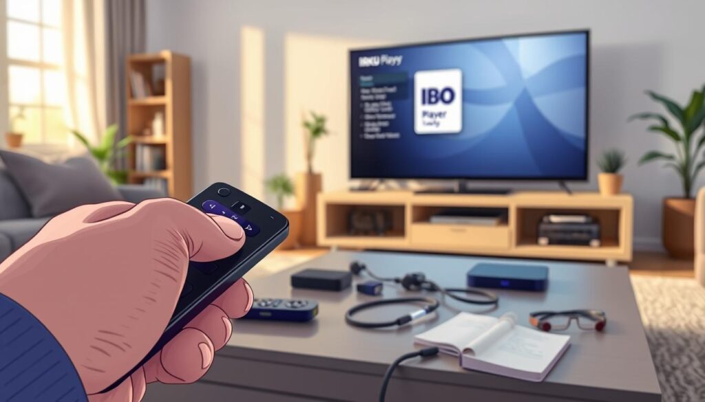 A digital troubleshooting scene showcasing the IBO Player application interface on a Roku device. In the foreground, a close-up of a hand tapping on a sleek Roku remote control, with the IBO Player app screen prominently displayed on a modern flat-screen TV. In the middle ground, a cozy living room setting with a coffee table featuring tech gadgets, cables, and a notepad with troubleshooting notes. Soft, natural lighting from a nearby window casts a warm glow, enhancing the inviting atmosphere. The background features a subtle blurred view of a bookshelf and potted plants, creating a sense of comfort. The overall mood is focused yet relaxed, perfect for engaging with technology issues in a home environment. A digital troubleshooting scene showcasing the IBO Player application interface on a Roku device. In the foreground, a close-up of a hand tapping on a sleek Roku remote control, with the IBO Player app screen prominently displayed on a modern flat-screen TV. In the middle ground, a cozy living room setting with a coffee table featuring tech gadgets, cables, and a notepad with troubleshooting notes. Soft, natural lighting from a nearby window casts a warm glow, enhancing the inviting atmosphere. The background features a subtle blurred view of a bookshelf and potted plants, creating a sense of comfort. The overall mood is focused yet relaxed, perfect for engaging with technology issues in a home environment.