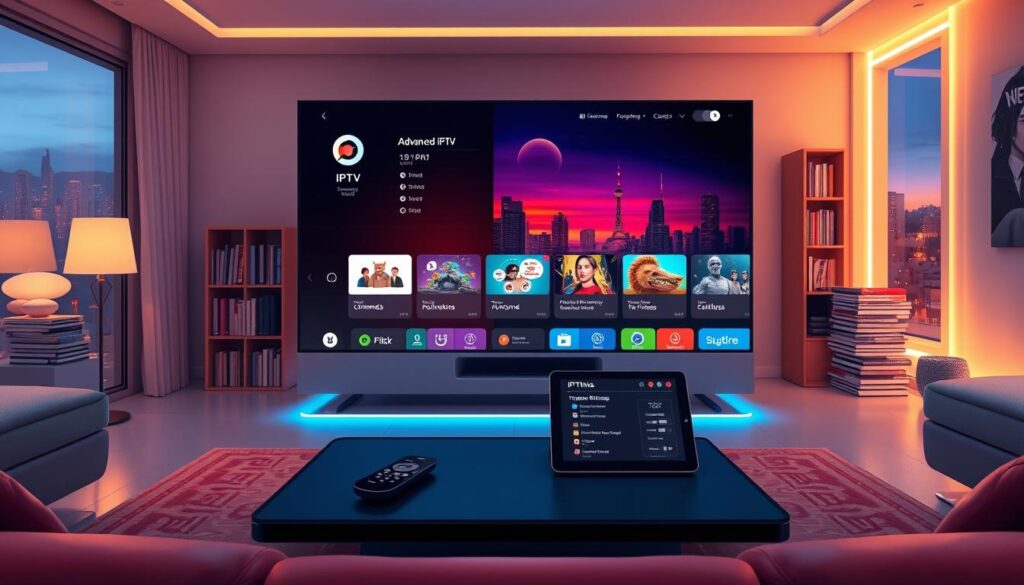 A futuristic living room featuring a high-tech IPTV setup. In the foreground, a sleek, modern television displays a vibrant interface showcasing advanced IPTV channels and features, including video-on-demand and interactive applications. In the middle, a stylish coffee table holds a remote control and a tablet displaying IPTV settings, with LED lighting highlighting the tech. The background features soft ambient lighting, creating a cozy atmosphere along with a bookshelf stacked with tech magazines. A window reveals a cityscape at dusk, with warm colors filtering through, adding a dynamic contrast to the cool tech elements. The scene embodies innovation and comfort, ideal for optimizing IPTV usage in a home setting.