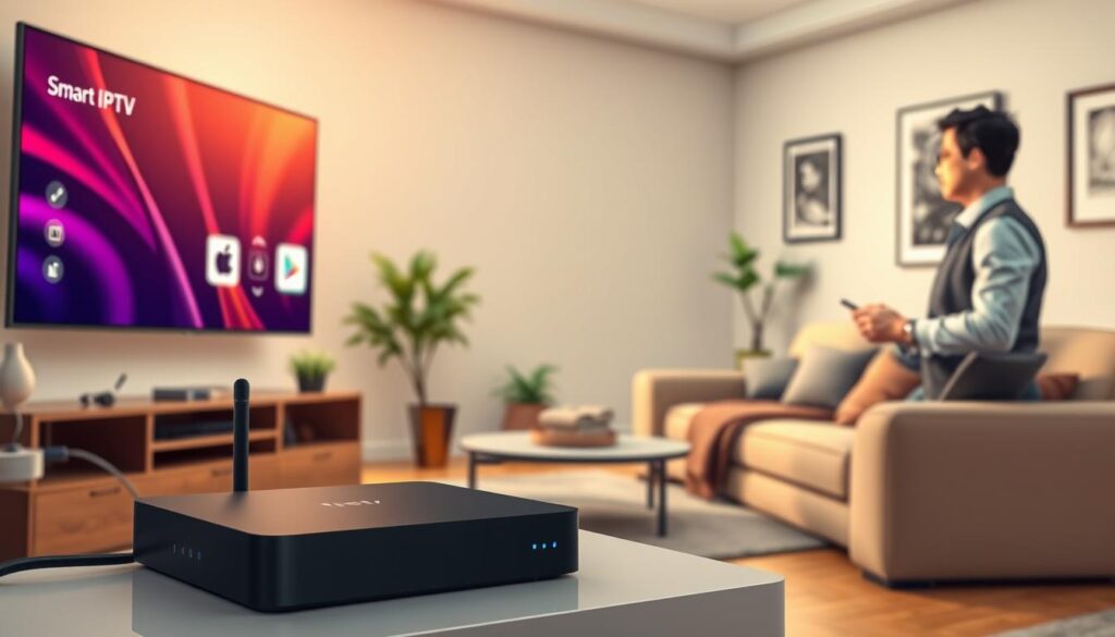 A highly detailed and vivid scene showcasing an Android TV box setup for Smart IPTV installation. In the foreground, a sleek Android TV box connected to a modern flat-screen TV displays the Smart IPTV interface with vibrant graphics. To the side, a user, dressed in smart casual attire, is holding a remote control, engaged in the installation process. In the middle ground, a stylish living room with contemporary furniture, soft lighting, and a cozy atmosphere complements the scene. The background features decorative elements like plants and artwork, creating a welcoming environment. The mood is focused and user-friendly, emphasizing technology integration in daily life. The shot captures the ease of installation, with a warm, inviting color palette and soft natural light coming from a window. A highly detailed and vivid scene showcasing an Android TV box setup for Smart IPTV installation. In the foreground, a sleek Android TV box connected to a modern flat-screen TV displays the Smart IPTV interface with vibrant graphics. To the side, a user, dressed in smart casual attire, is holding a remote control, engaged in the installation process. In the middle ground, a stylish living room with contemporary furniture, soft lighting, and a cozy atmosphere complements the scene. The background features decorative elements like plants and artwork, creating a welcoming environment. The mood is focused and user-friendly, emphasizing technology integration in daily life. The shot captures the ease of installation, with a warm, inviting color palette and soft natural light coming from a window.