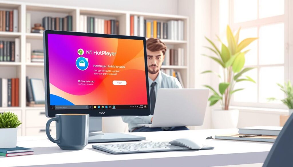 A lively and engaging depiction of a computer screen showing the installation process of the HotPlayer Android emulator on a Windows PC. In the foreground, a clean, modern desk setup with a laptop, mouse, and a cup of coffee. The screen prominently displays a vibrant installation interface of HotPlayer, with colorful icons and progress bars. In the middle ground, a focused person wearing business casual attire, attentively following the installation steps, showcasing professionalism and engagement. The background features soft-focus elements like bookshelves filled with tech books and a potted plant, creating a cozy workspace ambiance. Bright, natural light filters in from a nearby window, creating a warm atmosphere that invites productivity and learning. A lively and engaging depiction of a computer screen showing the installation process of the HotPlayer Android emulator on a Windows PC. In the foreground, a clean, modern desk setup with a laptop, mouse, and a cup of coffee. The screen prominently displays a vibrant installation interface of HotPlayer, with colorful icons and progress bars. In the middle ground, a focused person wearing business casual attire, attentively following the installation steps, showcasing professionalism and engagement. The background features soft-focus elements like bookshelves filled with tech books and a potted plant, creating a cozy workspace ambiance. Bright, natural light filters in from a nearby window, creating a warm atmosphere that invites productivity and learning.