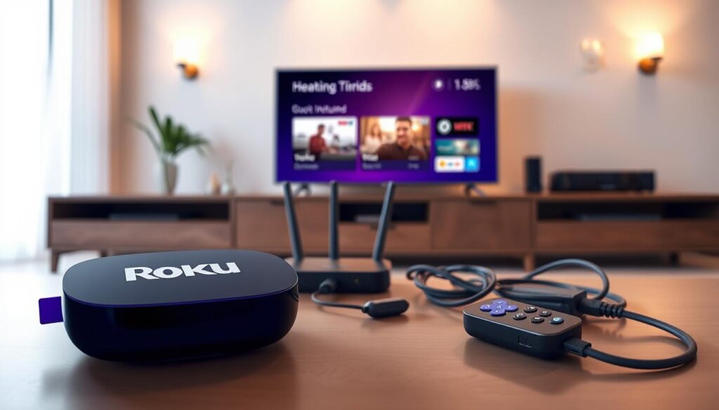 A modern Roku streaming device prominently displayed in the foreground, with a clean, professional setup of a living room. Surrounding the device, various essential accessories such as HDMI cables, a wireless internet router, and a user-friendly remote control are arranged neatly on a stylish coffee table. The middle ground features a sleek TV with a soft glow emanating from the screen, hinting at a user-friendly interface. In the background, a cozy ambiance is created by warm lighting from wall sconces, casting gentle shadows. The overall mood conveys a sense of readiness and excitement for streaming content. The camera's perspective is slightly angled, capturing the setup at eye level, ensuring a clear focus on the Roku device and its accessories without any distractions. A modern Roku streaming device prominently displayed in the foreground, with a clean, professional setup of a living room. Surrounding the device, various essential accessories such as HDMI cables, a wireless internet router, and a user-friendly remote control are arranged neatly on a stylish coffee table. The middle ground features a sleek TV with a soft glow emanating from the screen, hinting at a user-friendly interface. In the background, a cozy ambiance is created by warm lighting from wall sconces, casting gentle shadows. The overall mood conveys a sense of readiness and excitement for streaming content. The camera's perspective is slightly angled, capturing the setup at eye level, ensuring a clear focus on the Roku device and its accessories without any distractions.