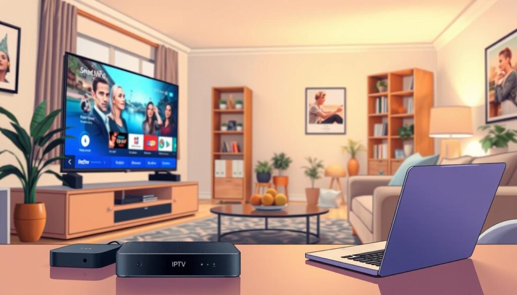 A modern Smart TV displaying an IPTV interface, prominently positioned in the foreground, showcasing vibrant streaming content. Surrounding the TV, sleek devices such as a streaming box and soundbar are neatly arranged, emphasizing integration with both the television and a laptop nearby, demonstrating multi-device connectivity. In the middle ground, a cozy living room is depicted, featuring contemporary furniture with a warm ambiance, complemented by soft lighting from a nearby lamp. The background includes a stylish bookshelf and decorative plants, enhancing the inviting atmosphere. The scene is viewed from a slightly elevated angle, capturing the entire setup, evoking a feeling of innovation and modernity in home entertainment systems, perfect for illustrating the seamless connectivity of devices.