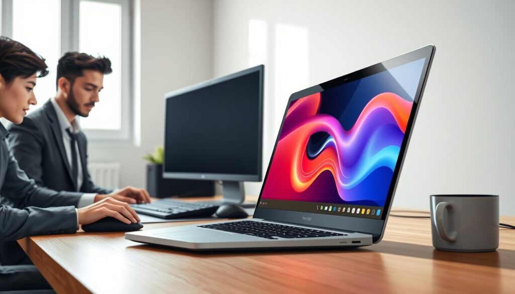 A modern desktop setup showcasing the installation of Nanomid on a Windows PC. In the foreground, a sleek laptop with a glowing screen displaying the Nanomid installation interface, vibrant and detailed, with progress bars and icons. To the left, a professional individual, dressed in smart casual attire, focuses intently on the laptop, their hands poised over a wireless mouse. In the middle, a clutter-free wooden desk adorned with essential tech accessories, like a wireless keyboard and a cup of coffee. In the background, a softly lit room with a neutral color palette, enhancing a calm and productive atmosphere. Soft natural lighting filters through a nearby window, casting gentle shadows. The angle captures the action, creating a sense of engagement and clarity in the installation process.