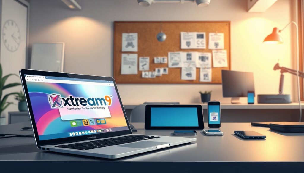 A modern digital workspace scene depicting various alternative installation methods and emulators for software setup. In the foreground, a sleek laptop is open, displaying a vibrant user interface showcasing Xtream9 software. To the side, an array of devices such as tablets and smartphones are connected, representing different platforms. In the middle, diagrams and flowcharts illustrating installation steps are pinned on a corkboard. The background features a contemporary office setting with minimalistic decor, warm lighting enhancing the atmosphere. A subtle focus on tech gadgets and software manuals gives the image a professional vibe. The angle is slightly elevated, capturing the entire workspace to evoke a sense of innovation and tech-savvy.