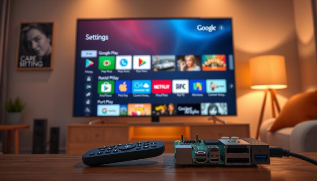 A modern, high-tech Android TV interface showing the Google Play settings menu specifically designed for IPTV applications. The foreground features a close-up view of a sleek Raspberry Pi device connected to a flat-screen television displaying colorful app icons and options for Google Play settings. In the middle, a remote control rests beside the Raspberry Pi, emphasizing user interaction. The background is a cozy living room setting with soft ambient lighting creating a warm atmosphere, accentuating family entertainment. The composition should capture a sense of innovation and modern technology while ensuring clarity in the visual elements. The focus is on the device and the interface, with no people present. A modern, high-tech Android TV interface showing the Google Play settings menu specifically designed for IPTV applications. The foreground features a close-up view of a sleek Raspberry Pi device connected to a flat-screen television displaying colorful app icons and options for Google Play settings. In the middle, a remote control rests beside the Raspberry Pi, emphasizing user interaction. The background is a cozy living room setting with soft ambient lighting creating a warm atmosphere, accentuating family entertainment. The composition should capture a sense of innovation and modern technology while ensuring clarity in the visual elements. The focus is on the device and the interface, with no people present.
