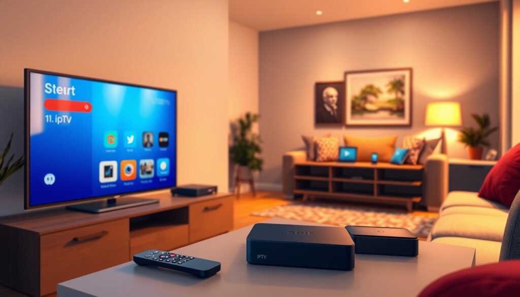 A modern home entertainment setup featuring various devices compatible with Set IPTV. In the foreground, a sleek smart TV displays the Set IPTV interface on the screen, with a stylish remote control resting beside it. The middle ground showcases several devices such as a streaming box, a tablet, and a smartphone, all neatly arranged on a minimalist TV cabinet. The background depicts a warm, inviting living room with soft ambient lighting, a cozy sofa, and artwork on the walls, creating a relaxed atmosphere. The scene is shot from a slightly elevated angle to capture all elements clearly, utilizing natural lighting to enhance the home's welcoming vibe. The overall mood emphasizes comfort and advanced technology in home entertainment. A modern home entertainment setup featuring various devices compatible with Set IPTV. In the foreground, a sleek smart TV displays the Set IPTV interface on the screen, with a stylish remote control resting beside it. The middle ground showcases several devices such as a streaming box, a tablet, and a smartphone, all neatly arranged on a minimalist TV cabinet. The background depicts a warm, inviting living room with soft ambient lighting, a cozy sofa, and artwork on the walls, creating a relaxed atmosphere. The scene is shot from a slightly elevated angle to capture all elements clearly, utilizing natural lighting to enhance the home's welcoming vibe. The overall mood emphasizes comfort and advanced technology in home entertainment.