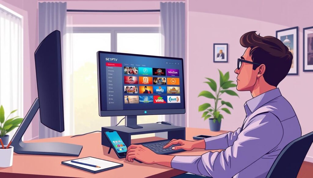 A modern home office setting featuring a sleek PC setup on a stylish desk. In the foreground, a focused individual in smart casual attire is seated, intently configuring the SET IPTV application on the computer screen, which displays vibrant channel options. The middle ground showcases an organized workspace with a notepad and a smartphone for reference. In the background, soft natural light filters through a large window, illuminating the room and creating a warm, inviting atmosphere. The walls are adorned with minimalistic decor related to technology and entertainment, enhancing the theme of digital connection. A sense of concentration and productivity permeates the scene, capturing the essence of activating and customizing IPTV services.