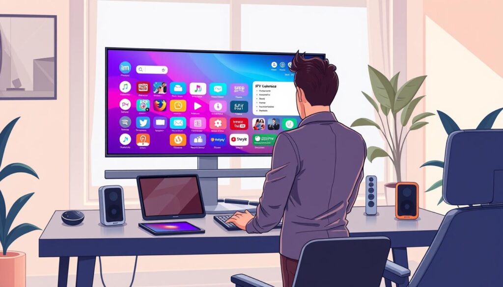 A modern home office setting with a sleek computer desk featuring a high-tech display showing a vibrant array of IPTV channels and customizable settings icons. In the foreground, a person in smart casual attire is intently exploring the options on their computer screen, exuding concentration and engagement. Surround the computer with additional gadgets, such as a tablet and a smart speaker, indicating a tech-savvy environment. In the background, a window allows soft, natural light to filter in, illuminating the space and creating a warm atmosphere. The color palette should be inviting yet professional, with modern furnishings and decor that enhance the ambiance without distraction. The scene captures the essence of versatility and innovation in IPTV technology.