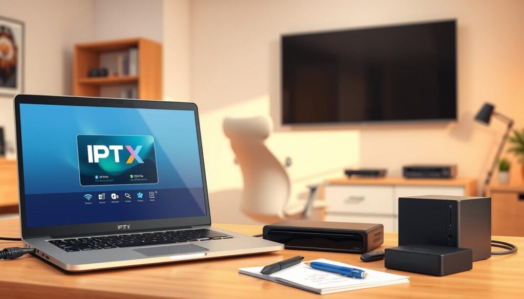 A modern home office setup showcasing IPTV requirements and accessories. In the foreground, a sleek, high-quality laptop displaying an IPTV player interface, surrounded by essential streaming gadgets like a Wi-Fi router, HDMI cables, and an external hard drive. In the middle ground, a comfortable ergonomic chair and a well-organized desk with a notepad and pen, hinting at the technical aspects of installation. The background features soft, ambient lighting highlighting a large wall-mounted TV, emphasizing the integration of IPTV. Use bright, warm colors for a friendly, inviting mood, with a slight focus blur on the background to draw attention to the central accessories. The angle should be slightly above eye level to capture the entire setup harmoniously. A modern home office setup showcasing IPTV requirements and accessories. In the foreground, a sleek, high-quality laptop displaying an IPTV player interface, surrounded by essential streaming gadgets like a Wi-Fi router, HDMI cables, and an external hard drive. In the middle ground, a comfortable ergonomic chair and a well-organized desk with a notepad and pen, hinting at the technical aspects of installation. The background features soft, ambient lighting highlighting a large wall-mounted TV, emphasizing the integration of IPTV. Use bright, warm colors for a friendly, inviting mood, with a slight focus blur on the background to draw attention to the central accessories. The angle should be slightly above eye level to capture the entire setup harmoniously.