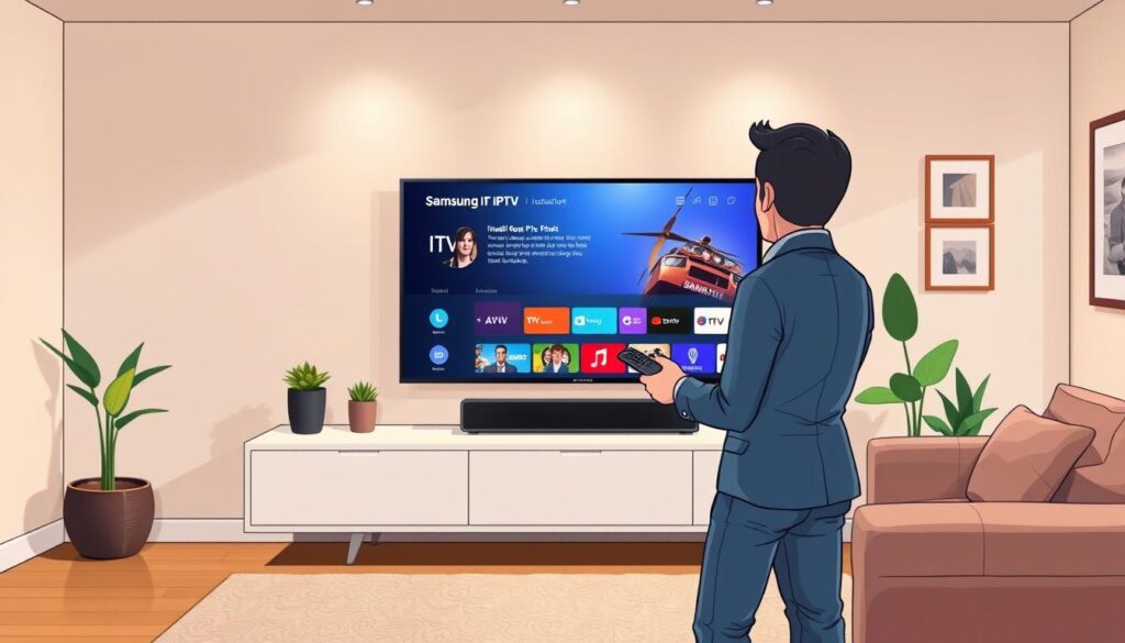 A modern living room featuring a Samsung Smart TV displaying the Smart IPTV installation interface. In the foreground, a person dressed in business casual attire is attentively setting up the TV, holding a remote control. The middle ground showcases the elegant Smart TV prominently against a stylish wall unit, with a sleek soundbar underneath. Soft, warm lighting creates a cozy atmosphere, highlighting the high-tech screen with colorful IPTV options. The background includes a comfortable sofa, decorative plants, and framed pictures on the walls, conveying a welcoming home environment. The scene is captured from a slightly elevated angle, focusing on the setup process while maintaining a clear view of the TV and the engaged individual. A modern living room featuring a Samsung Smart TV displaying the Smart IPTV installation interface. In the foreground, a person dressed in business casual attire is attentively setting up the TV, holding a remote control. The middle ground showcases the elegant Smart TV prominently against a stylish wall unit, with a sleek soundbar underneath. Soft, warm lighting creates a cozy atmosphere, highlighting the high-tech screen with colorful IPTV options. The background includes a comfortable sofa, decorative plants, and framed pictures on the walls, conveying a welcoming home environment. The scene is captured from a slightly elevated angle, focusing on the setup process while maintaining a clear view of the TV and the engaged individual.
