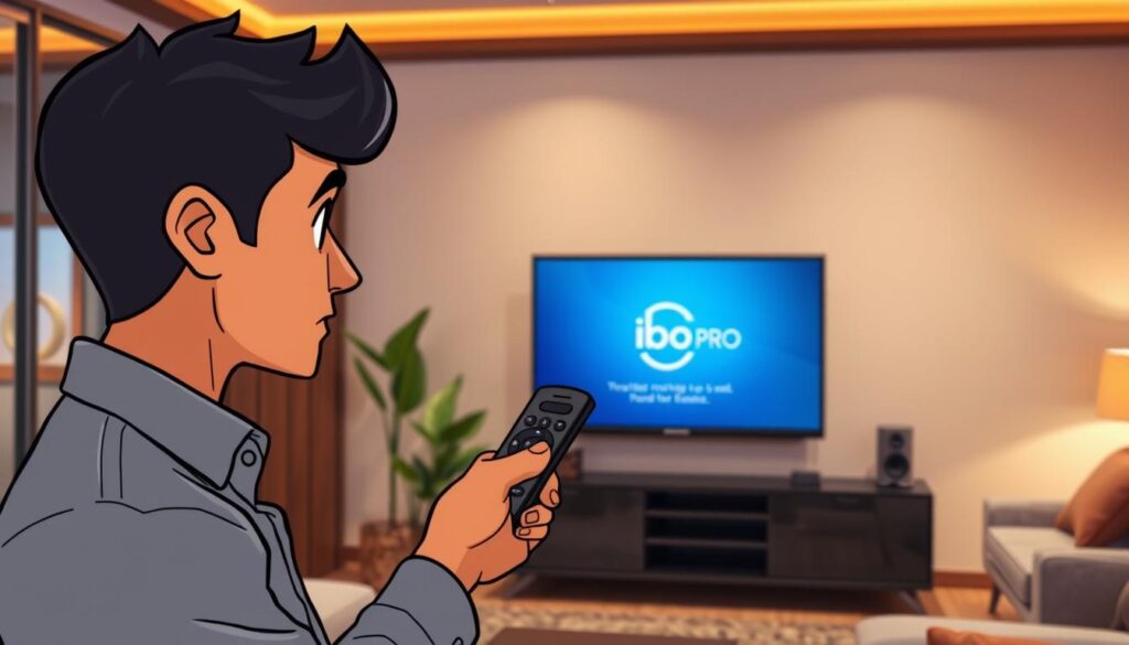 A modern living room featuring a Samsung Smart TV displaying the ibo pro installation interface. In the foreground, a focused individual in smart casual attire, with a thoughtful expression, is holding a remote control and pointing it at the TV. In the middle, the sleek black TV has a clear and vibrant screen showing the ibo pro logo, surrounded by stylish decor elements like a potted plant and a cozy sofa. In the background, warm ambient lighting illuminates the room, enhancing the inviting atmosphere. The scene is shot from a slightly elevated angle, capturing both the person and the TV, emphasizing the installation process. The overall mood is engaging and contemporary, ideal for a tech-savvy audience. A modern living room featuring a Samsung Smart TV displaying the ibo pro installation interface. In the foreground, a focused individual in smart casual attire, with a thoughtful expression, is holding a remote control and pointing it at the TV. In the middle, the sleek black TV has a clear and vibrant screen showing the ibo pro logo, surrounded by stylish decor elements like a potted plant and a cozy sofa. In the background, warm ambient lighting illuminates the room, enhancing the inviting atmosphere. The scene is shot from a slightly elevated angle, capturing both the person and the TV, emphasizing the installation process. The overall mood is engaging and contemporary, ideal for a tech-savvy audience.