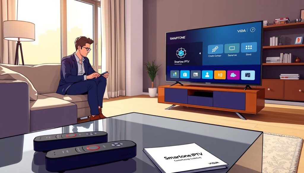 A modern living room featuring a VIDAA TV displaying the Smartone IPTV interface. In the foreground, a sleek coffee table with remote controls and a guidebook about Smartone installation is visible. The middle ground showcases a person in business casual attire sitting comfortably on a stylish couch, attentively setting up the Smartone IPTV on the TV. Natural light streams through a large window, creating a warm and inviting atmosphere. In the background, shelves with books and decorative items add a cozy touch to the room. The angle captures both the person and the TV screen, emphasizing the installation process. The overall mood is focused and friendly, highlighting the ease of IPTV setup.