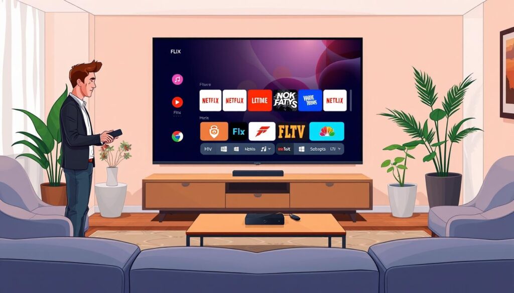 A modern living room featuring a large smart TV displaying the Flix IPTV Smarters interface. In the foreground, a user, a person in smart casual attire, is holding a remote and interacting with the TV, looking engaged and focused. The middle ground showcases a stylish coffee table with a few tech gadgets and a streaming device. The background is a cozy, well-decorated room with soft lighting, warm tones, and plants, creating an inviting atmosphere. The scene is captured from a slightly low angle, emphasizing the TV and the user’s interaction, conveyed in a professional and vibrant style. Soft shadows enhance the depth, highlighting the modern technology and enhancing the mood of excitement around streaming content. A modern living room featuring a large smart TV displaying the Flix IPTV Smarters interface. In the foreground, a user, a person in smart casual attire, is holding a remote and interacting with the TV, looking engaged and focused. The middle ground showcases a stylish coffee table with a few tech gadgets and a streaming device. The background is a cozy, well-decorated room with soft lighting, warm tones, and plants, creating an inviting atmosphere. The scene is captured from a slightly low angle, emphasizing the TV and the user’s interaction, conveyed in a professional and vibrant style. Soft shadows enhance the depth, highlighting the modern technology and enhancing the mood of excitement around streaming content.