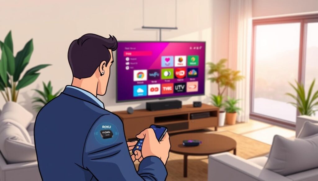 A modern living room featuring a sleek Roku device connected to a large flat-screen TV displaying the interface of an M3U IPTV player. In the foreground, a professional, well-dressed person eagerly sets up their Roku using a smartphone, with an illustrated M3U playlist icon visible on the phone screen. The middle ground showcases the vibrant, user-friendly Roku interface on the TV, with colorful icons symbolizing various IPTV channels. In the background, soft natural light filters through a window, illuminating the cozy ambiance of the room, which is tastefully decorated with contemporary furniture and indoor plants. The mood is focused and engaging, emphasizing the ease of IPTV installation on Roku. A modern living room featuring a sleek Roku device connected to a large flat-screen TV displaying the interface of an M3U IPTV player. In the foreground, a professional, well-dressed person eagerly sets up their Roku using a smartphone, with an illustrated M3U playlist icon visible on the phone screen. The middle ground showcases the vibrant, user-friendly Roku interface on the TV, with colorful icons symbolizing various IPTV channels. In the background, soft natural light filters through a window, illuminating the cozy ambiance of the room, which is tastefully decorated with contemporary furniture and indoor plants. The mood is focused and engaging, emphasizing the ease of IPTV installation on Roku.