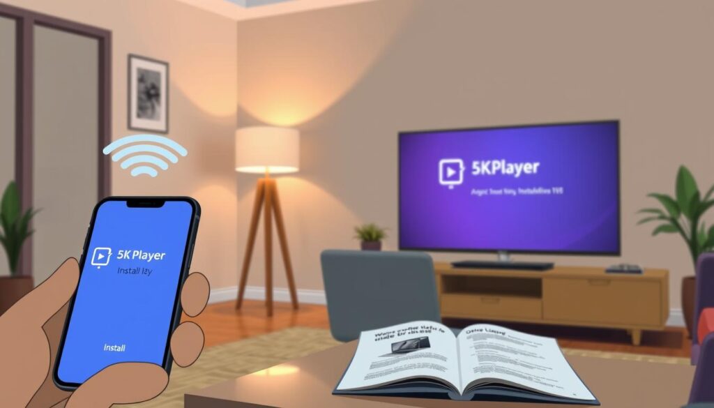 A modern living room featuring a sleek smart TV displaying the 5KPlayer installation screen. In the foreground, a smartphone connected to the TV via a wireless connection, with a glowing screen indication of the setup process. In the middle, a coffee table with a laptop and user manual open, showcasing instructions on installing 5KPlayer. The background shows a soft, ambient light coming from a lamp, enhancing the cozy atmosphere. The room is stylishly decorated with minimalist furniture and a few indoor plants. Capture the scene from a slightly elevated angle, emphasizing the tech-savvy environment, making it inviting and relatable for viewers. A modern living room featuring a sleek smart TV displaying the 5KPlayer installation screen. In the foreground, a smartphone connected to the TV via a wireless connection, with a glowing screen indication of the setup process. In the middle, a coffee table with a laptop and user manual open, showcasing instructions on installing 5KPlayer. The background shows a soft, ambient light coming from a lamp, enhancing the cozy atmosphere. The room is stylishly decorated with minimalist furniture and a few indoor plants. Capture the scene from a slightly elevated angle, emphasizing the tech-savvy environment, making it inviting and relatable for viewers.
