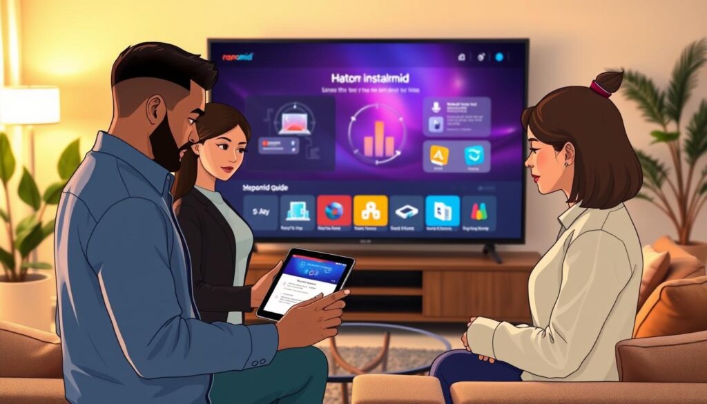 A modern living room featuring a sleek smart TV displaying the Nanomid installation interface. In the foreground, a diverse group of three individuals, one male and two females, dressed in smart-casual attire, are intently following a step-by-step guide on a tablet. The middle layer includes the smart TV prominently displaying vibrant graphics and technical diagrams related to the installation process. In the background, soft, warm lighting creates a cozy atmosphere, with stylish furniture and decorative plants that enhance the contemporary feel of the space. The scene is captured from an angle that highlights the interaction between the people and the TV, emphasizing the collaborative spirit of the installation process. A modern living room featuring a sleek smart TV displaying the Nanomid installation interface. In the foreground, a diverse group of three individuals, one male and two females, dressed in smart-casual attire, are intently following a step-by-step guide on a tablet. The middle layer includes the smart TV prominently displaying vibrant graphics and technical diagrams related to the installation process. In the background, soft, warm lighting creates a cozy atmosphere, with stylish furniture and decorative plants that enhance the contemporary feel of the space. The scene is captured from an angle that highlights the interaction between the people and the TV, emphasizing the collaborative spirit of the installation process.
