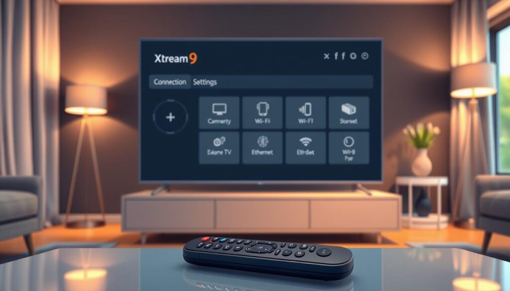 A modern living room featuring a sleek, smart TV screen displaying the "Xtream9 connection settings" interface. In the foreground, a remote control rests on a stylish coffee table, with a subtle reflection on its surface. The middle ground showcases the TV with sharp, user-friendly icons representing connection options like Wi-Fi and Ethernet. The background is blurred, suggesting a cozy ambiance with soft lighting emanating from floor lamps and natural sunlight filtering through window curtains. The overall atmosphere is one of efficiency and sophistication, evoking a sense of tech-savvy comfort. The image should have a warm color palette, with balanced brightness and soft shadows, capturing a contemporary design aesthetic. A modern living room featuring a sleek, smart TV screen displaying the "Xtream9 connection settings" interface. In the foreground, a remote control rests on a stylish coffee table, with a subtle reflection on its surface. The middle ground showcases the TV with sharp, user-friendly icons representing connection options like Wi-Fi and Ethernet. The background is blurred, suggesting a cozy ambiance with soft lighting emanating from floor lamps and natural sunlight filtering through window curtains. The overall atmosphere is one of efficiency and sophistication, evoking a sense of tech-savvy comfort. The image should have a warm color palette, with balanced brightness and soft shadows, capturing a contemporary design aesthetic.
