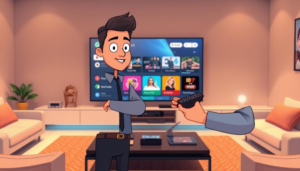 A modern living room featuring a sleek smart television displaying an IPTV application interface. In the foreground, a confident, professional-looking individual in business casual attire is holding a remote control, thoughtfully selecting options. The middle ground showcases a stylish coffee table with tech gadgets, while the background includes soft, ambient lighting and contemporary decor that evokes a cozy atmosphere. The scene is captured from a slightly low angle to emphasize the television screen, with a warm color palette adding to the inviting feel. The image conveys a sense of innovation and ease in accessing digital content on smart TVs. A modern living room featuring a sleek smart television displaying an IPTV application interface. In the foreground, a confident, professional-looking individual in business casual attire is holding a remote control, thoughtfully selecting options. The middle ground showcases a stylish coffee table with tech gadgets, while the background includes soft, ambient lighting and contemporary decor that evokes a cozy atmosphere. The scene is captured from a slightly low angle to emphasize the television screen, with a warm color palette adding to the inviting feel. The image conveys a sense of innovation and ease in accessing digital content on smart TVs.