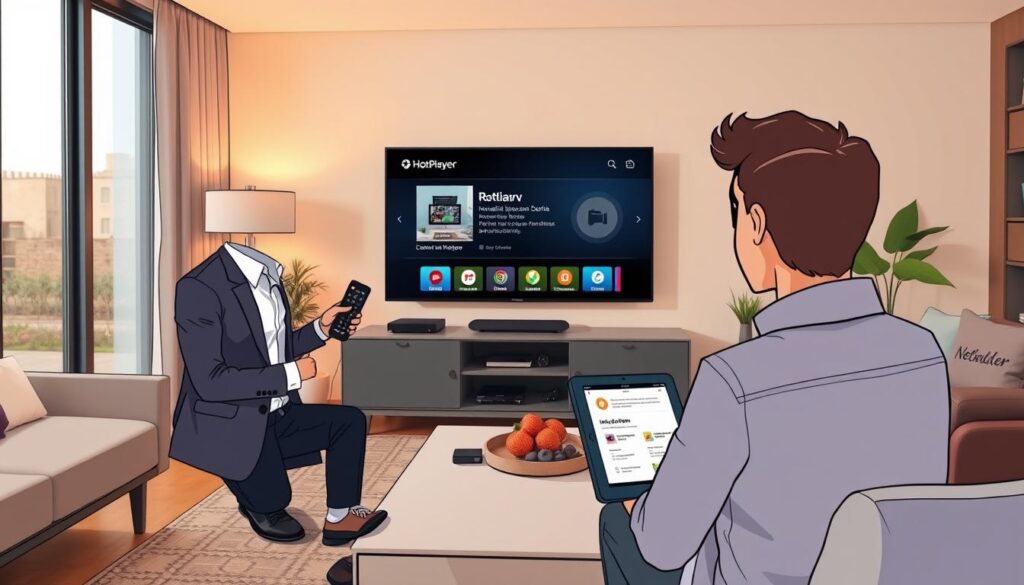 A modern living room featuring a sleek, stylish smart TV displaying the HotPlayer interface. In the foreground, a person in smart casual attire is intently setting up the app on the TV, with a remote control in hand. Their focused expression conveys determination and ease as they navigate through the setup process. In the middle ground, an elegant coffee table is adorned with some tech gadgets and a tablet showing installation instructions. The background consists of contemporary decor, like a cozy couch and warm ambient lighting, creating a comfortable and inviting atmosphere. The scene is illuminated with soft, natural light coming through a nearby window, enhancing the colors and details of the room, delivering a sense of routine and modernity.