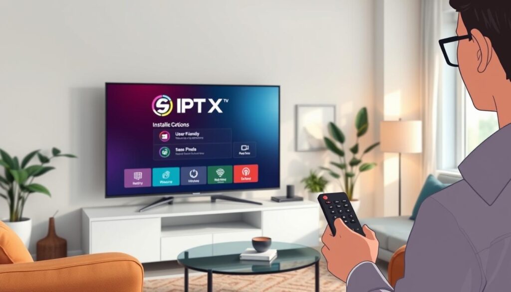 A modern living room featuring a smart TV displaying the IPTVX installation interface. In the foreground, a person in professional casual attire is holding a remote control, looking focused while navigating the screen. In the middle, the smart TV is prominently displayed, showing a clear and colorful interface with user-friendly installation options. The background includes a cozy sofa, decorative plants, and soft lighting that creates a warm and inviting atmosphere. The scene is well-lit with natural light coming from a nearby window, capturing the essence of a home entertainment setup. The perspective is slightly angled, emphasizing the interaction between the user and the TV. The overall mood is relaxed and user-friendly, suggesting an easy installation process. A modern living room featuring a smart TV displaying the IPTVX installation interface. In the foreground, a person in professional casual attire is holding a remote control, looking focused while navigating the screen. In the middle, the smart TV is prominently displayed, showing a clear and colorful interface with user-friendly installation options. The background includes a cozy sofa, decorative plants, and soft lighting that creates a warm and inviting atmosphere. The scene is well-lit with natural light coming from a nearby window, capturing the essence of a home entertainment setup. The perspective is slightly angled, emphasizing the interaction between the user and the TV. The overall mood is relaxed and user-friendly, suggesting an easy installation process.