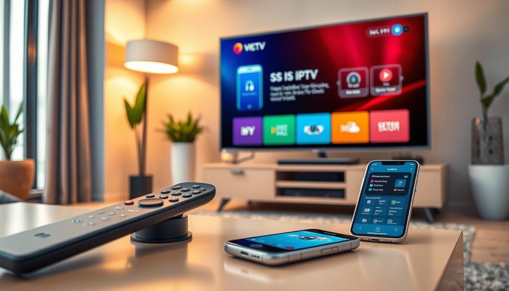 A modern living room featuring a smart TV showcasing the SS IPTV installation process on its screen. In the foreground, a close-up of a sleek remote control is resting on a stylish coffee table, with a smartphone displaying an installation app nearby. The middle ground has the smart TV, its colorful interface illustrating step-by-step instructions in an engaging way. The background includes a cozy sofa, warm lighting casting a soft glow, and decorative plants enhancing the atmosphere. Capture a professional yet inviting feel, focusing on clarity and detail to make the tech installation process approachable and engaging for viewers. Use a balanced composition with a slight depth of field to emphasize the smart TV and the installation process. A modern living room featuring a smart TV showcasing the SS IPTV installation process on its screen. In the foreground, a close-up of a sleek remote control is resting on a stylish coffee table, with a smartphone displaying an installation app nearby. The middle ground has the smart TV, its colorful interface illustrating step-by-step instructions in an engaging way. The background includes a cozy sofa, warm lighting casting a soft glow, and decorative plants enhancing the atmosphere. Capture a professional yet inviting feel, focusing on clarity and detail to make the tech installation process approachable and engaging for viewers. Use a balanced composition with a slight depth of field to emphasize the smart TV and the installation process.