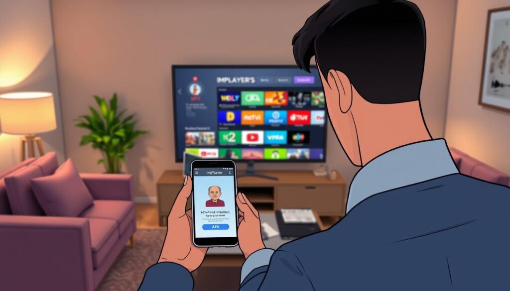 A modern living room featuring a smart television displaying the ImPlayer IPTV interface. In the foreground, a person in professional casual attire is focused on a smartphone, displaying the app's APK download screen. In the middle, the smart TV shows a colorful, user-friendly app layout with various IPTV options. The background features a cozy couch and a stylish coffee table with a laptop and installation manuals. Soft ambient lighting creates a warm atmosphere, highlighting the tech-savvy environment. The perspective is slightly angled from above, capturing both the television and the user's engagement with the device, underscoring the installation process and configuration of the ImPlayer app. A modern living room featuring a smart television displaying the ImPlayer IPTV interface. In the foreground, a person in professional casual attire is focused on a smartphone, displaying the app's APK download screen. In the middle, the smart TV shows a colorful, user-friendly app layout with various IPTV options. The background features a cozy couch and a stylish coffee table with a laptop and installation manuals. Soft ambient lighting creates a warm atmosphere, highlighting the tech-savvy environment. The perspective is slightly angled from above, capturing both the television and the user's engagement with the device, underscoring the installation process and configuration of the ImPlayer app.