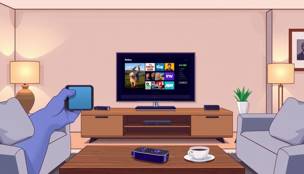 A modern living room scene featuring a Roku streaming device prominently displayed on a stylish entertainment center. The foreground shows a sleek television screen mirroring content from a smartphone and seamlessly displaying vibrant images, symbolizing the concept of screen mirroring. In the middle, a neatly arranged coffee table has a remote control and a cup of coffee. The background features soft, warm lighting from decorative lamps, creating a cozy atmosphere. The walls are adorned with minimalist art, enhancing the contemporary feel. The scene conveys a sense of relaxation and modern technology, capturing the essence of using alternative methods to watch IPTV on a Roku device. The focus is on the tech interaction without any people present. A modern living room scene featuring a Roku streaming device prominently displayed on a stylish entertainment center. The foreground shows a sleek television screen mirroring content from a smartphone and seamlessly displaying vibrant images, symbolizing the concept of screen mirroring. In the middle, a neatly arranged coffee table has a remote control and a cup of coffee. The background features soft, warm lighting from decorative lamps, creating a cozy atmosphere. The walls are adorned with minimalist art, enhancing the contemporary feel. The scene conveys a sense of relaxation and modern technology, capturing the essence of using alternative methods to watch IPTV on a Roku device. The focus is on the tech interaction without any people present.