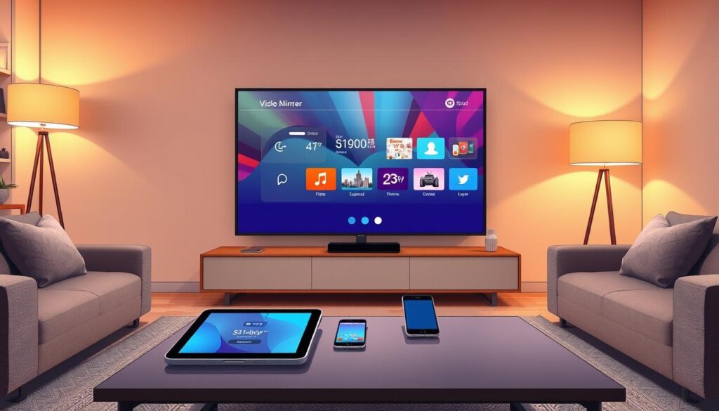 A modern living room scene showcasing the wireless screen mirroring capabilities of 5KPlayer. In the foreground, a sleek smart TV displays vibrant content, reflecting the 5KPlayer interface with various connected devices shown on the screen. In the middle ground, a stylish coffee table holds a tablet and smartphone, symbolizing ease of use and connectivity. The backdrop features a cozy couch with muted tones, creating a comfortable atmosphere. Warm, soft lighting enhances the inviting mood of the space, while a wide-angle view captures the entire room. The focus is on the technology, emphasizing innovation and simplicity, with no people present to maintain a clean, professional look. A modern living room scene showcasing the wireless screen mirroring capabilities of 5KPlayer. In the foreground, a sleek smart TV displays vibrant content, reflecting the 5KPlayer interface with various connected devices shown on the screen. In the middle ground, a stylish coffee table holds a tablet and smartphone, symbolizing ease of use and connectivity. The backdrop features a cozy couch with muted tones, creating a comfortable atmosphere. Warm, soft lighting enhances the inviting mood of the space, while a wide-angle view captures the entire room. The focus is on the technology, emphasizing innovation and simplicity, with no people present to maintain a clean, professional look.