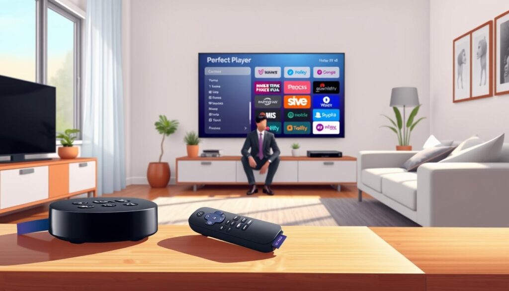A modern living room setting brightly lit by soft, natural daylight streaming through a large window. In the foreground, a sleek, black Roku streaming device sits prominently on a stylish media console accompanied by a remote control. A large flat-screen TV is mounted on the wall, displaying the Perfect Player interface, featuring a clean layout with various channel options. In the middle ground, a person, dressed in smart casual attire, is seated on a comfortable couch, focused on the TV, likely following installation steps. Surrounding decor includes a few houseplants and minimalist artwork for a cozy atmosphere. The overall mood is inviting and tech-savvy, evoking a sense of ease in setting up IPTV on Roku. A modern living room setting brightly lit by soft, natural daylight streaming through a large window. In the foreground, a sleek, black Roku streaming device sits prominently on a stylish media console accompanied by a remote control. A large flat-screen TV is mounted on the wall, displaying the Perfect Player interface, featuring a clean layout with various channel options. In the middle ground, a person, dressed in smart casual attire, is seated on a comfortable couch, focused on the TV, likely following installation steps. Surrounding decor includes a few houseplants and minimalist artwork for a cozy atmosphere. The overall mood is inviting and tech-savvy, evoking a sense of ease in setting up IPTV on Roku.