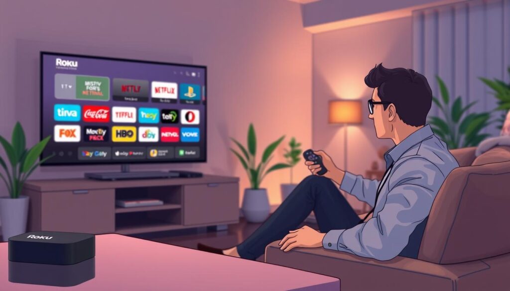A modern living room setting featuring a Roku device on a sleek entertainment center. In the foreground, show a smart TV displaying multiple IPTV options with vibrant channel logos and intuitive user interfaces. The middle ground includes a person in professional attire, sitting on a comfortable sofa, intently exploring alternative IPTV methods on their Roku remote. The background features soft ambient lighting creating a cozy, inviting atmosphere, with plants and decorative elements that enhance the homey feel. Use a slightly angled view to capture the depth of the room and the focus on the TV and person. The overall mood should convey comfort and innovation in home entertainment. A modern living room setting featuring a Roku device on a sleek entertainment center. In the foreground, show a smart TV displaying multiple IPTV options with vibrant channel logos and intuitive user interfaces. The middle ground includes a person in professional attire, sitting on a comfortable sofa, intently exploring alternative IPTV methods on their Roku remote. The background features soft ambient lighting creating a cozy, inviting atmosphere, with plants and decorative elements that enhance the homey feel. Use a slightly angled view to capture the depth of the room and the focus on the TV and person. The overall mood should convey comfort and innovation in home entertainment.
