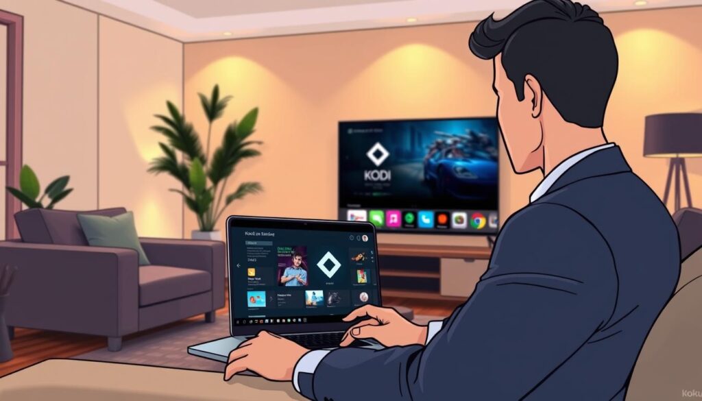 A modern living room setting showcasing a person in professional business attire, focused on a laptop screen that displays a Kodi interface. The foreground highlights the person interacting with the laptop, while a large TV in the middle ground mirrors the laptop's display, illustrating the concept of screen mirroring. Soft, ambient lighting casts a warm glow throughout the room, with a stylish sofa and decorative plants in the background to create a cozy atmosphere. The angle captures both the laptop and the TV prominently, emphasizing the technology being utilized. The overall mood is informative and inviting, ideal for demonstrating the use of screen mirroring in a Kodi Roku environment.