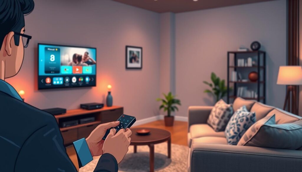 A modern living room setting with a focus on a sleek smart TV displaying an IPTV interface. In the foreground, a person in smart casual attire is interacting with a remote control, appearing engaged and focused. The middle ground features a stylish entertainment unit with streaming devices and a comfortable sofa adorned with decorative pillows. Soft, warm lighting enhances the cozy atmosphere, highlighting details like a family photo on the wall and a potted plant in the corner. The background reveals a well-organized bookshelf, conveying a sense of order and tranquility. Overall, the image evokes a mood of confidence, security, and privacy in a digital world, emphasizing the importance of safety while enjoying IPTV services. A modern living room setting with a focus on a sleek smart TV displaying an IPTV interface. In the foreground, a person in smart casual attire is interacting with a remote control, appearing engaged and focused. The middle ground features a stylish entertainment unit with streaming devices and a comfortable sofa adorned with decorative pillows. Soft, warm lighting enhances the cozy atmosphere, highlighting details like a family photo on the wall and a potted plant in the corner. The background reveals a well-organized bookshelf, conveying a sense of order and tranquility. Overall, the image evokes a mood of confidence, security, and privacy in a digital world, emphasizing the importance of safety while enjoying IPTV services.